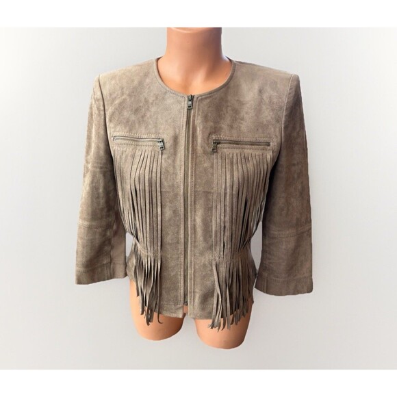 BCBGMaxazria Brown Faux Suede Fringe Jacket Size S Full Zip Western Boho Hippie - Picture 1 of 5
